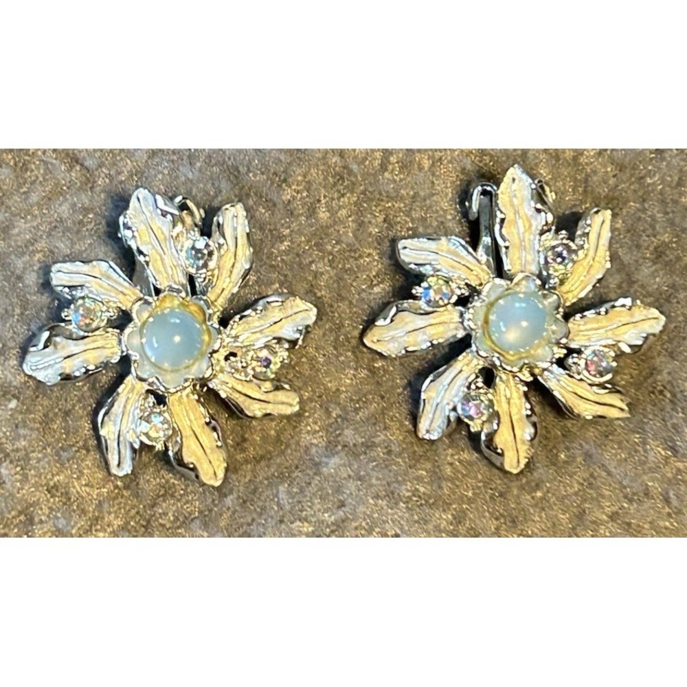 VTG Judy Lee Flower Blue Moonstone & Rhinestone Silver Tone Clip On Earrings 1"